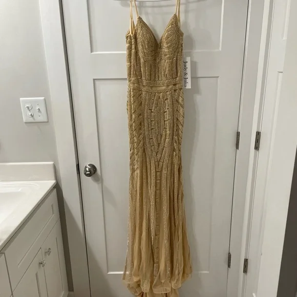 gold beaded dress short Fitted Short Beaded Dress by Ladivine CR878 – Bridal Hive main image 0